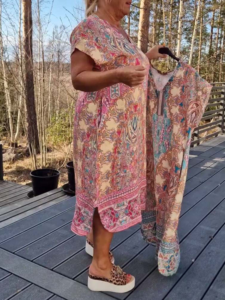 Damen Kaftan-Kleid mit koordiniertem Schal und seitlichen Taschen Heidi-Mode