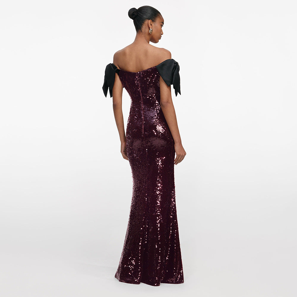 Damen Elegantes Pailletten-Maxikleid mit schulterfreiem Design und dekorativen Schleifen R&B