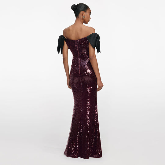Damen Elegantes Pailletten-Maxikleid mit schulterfreiem Design und dekorativen Schleifen R&B