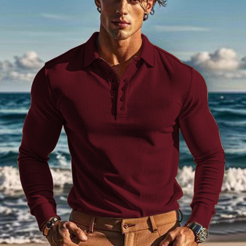 Herren Langarm-Henley-Shirt aus atmungsaktivem Strukturmaterial mit dekorativen Knöpfen R&B