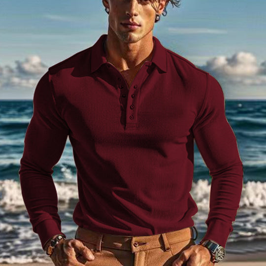 Herren Langarm-Henley-Shirt aus atmungsaktivem Strukturmaterial mit dekorativen Knöpfen R&B