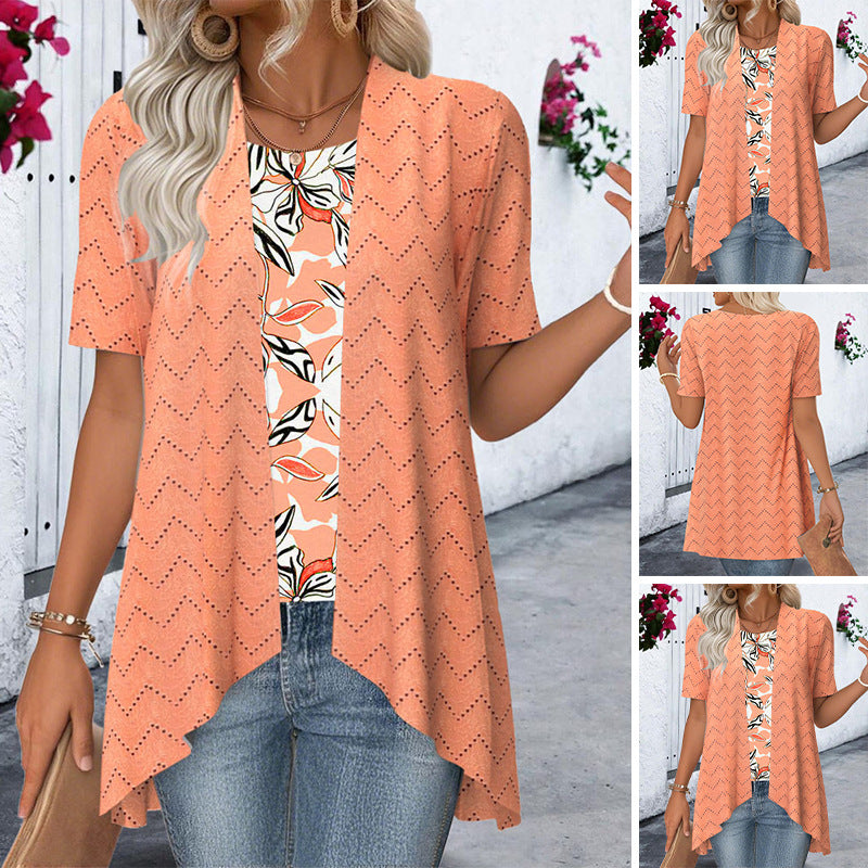 Damen nan Ajourstrick-Cardigan mit asymmetrischem Zipfelsaum und kurzen Ärmeln R&B
