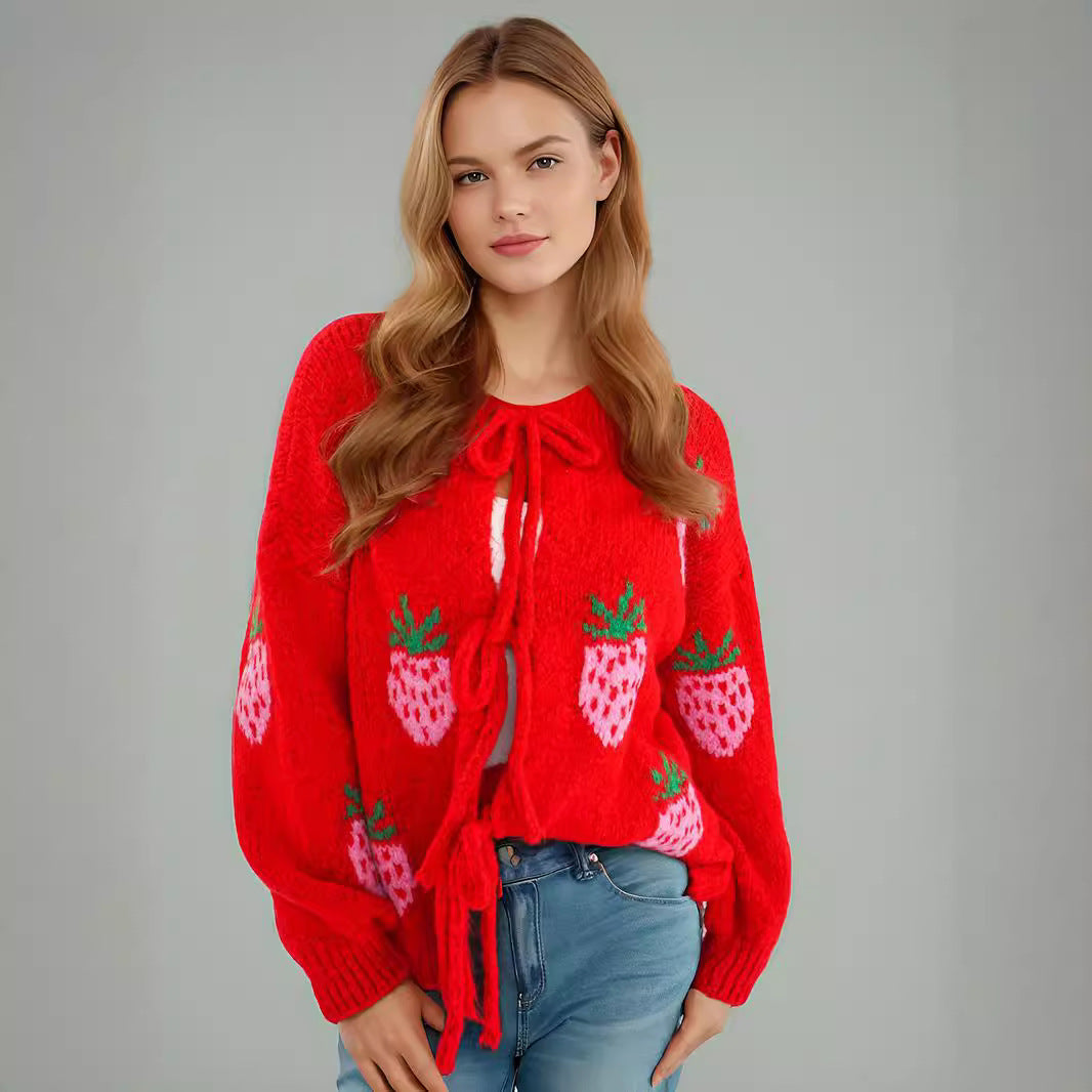Damen kuscheliger Pullover mit fruchtigem Erdbeer-Motiv R&B