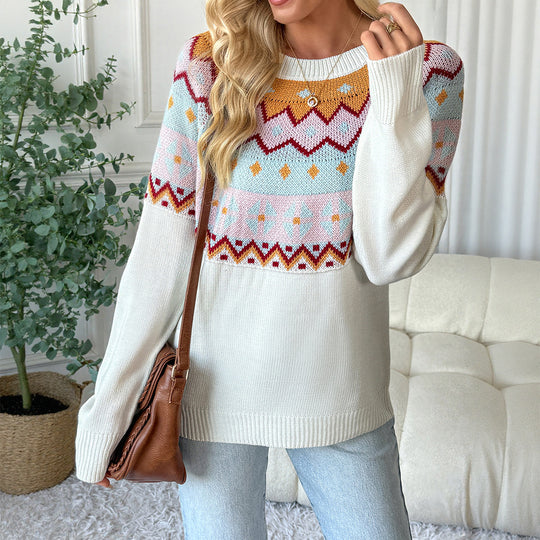 Damen Strickpullover mit traditionellem Muster und überschnittenen Schultern R&B
