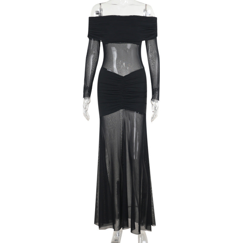 Damen durchsichtiges Maxikleid mit schulterfreiem Design und Rüschungen R&B