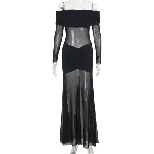 Damen durchsichtiges Maxikleid mit schulterfreiem Design und Rüschungen R&B