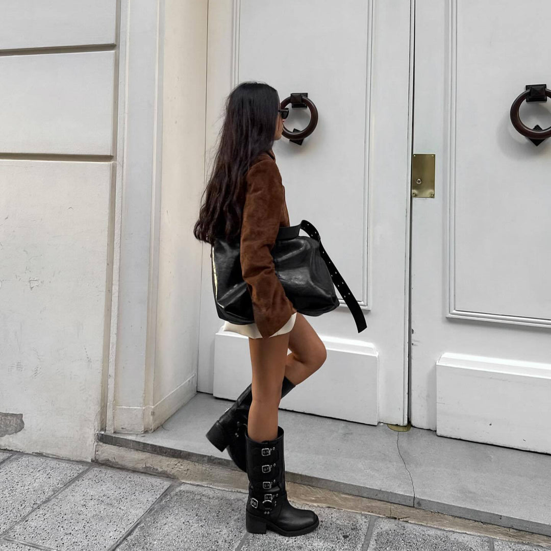 Damen Kurze Veloursjacke mit Stehkragen und seitlichem Reißverschluss R&B