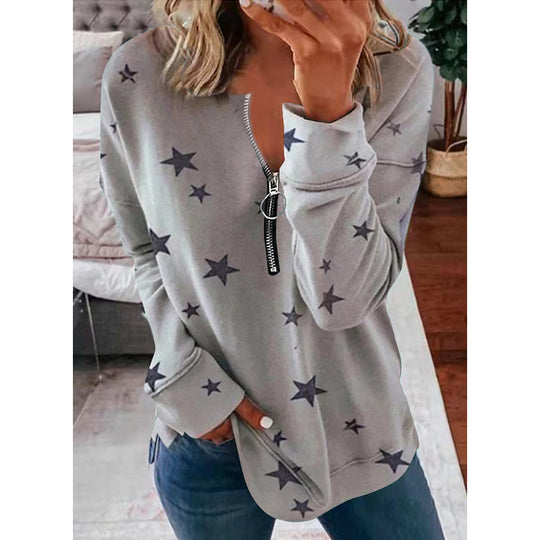 Damen Lässiger Sweatshirt mit Reißverschluss und Sternenmotiv R&B
