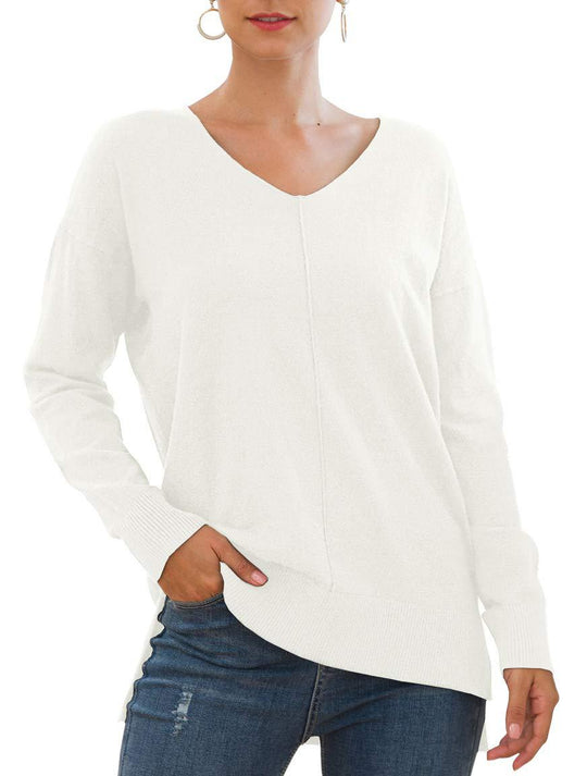 Damen eleganter V-Ausschnitt Pullover mit asymmetrischem Saum R&B