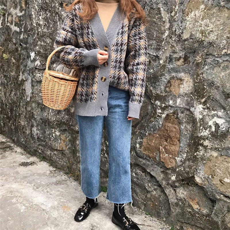 Damen Karierte Strickjacke mit Vintage-Knöpfen R&B