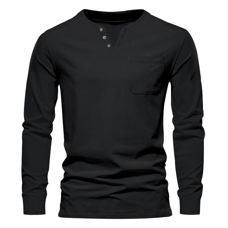 Herren Langarm-Henley-Shirt mit praktischer Brusttasche und modischem Knopfdesign R&B
