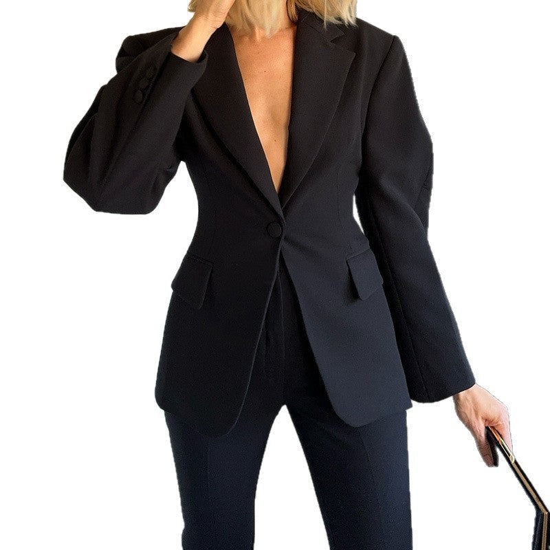 Damen Eleganter Blazer mit dramatischem V-Ausschnitt und strukturierten Ärmeln R&B