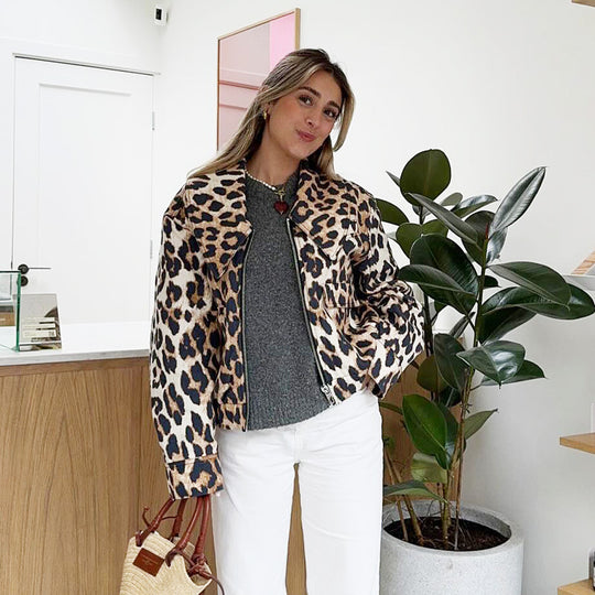 Damen cropped Wildlederjacke mit elegantem Leo-Print R&B