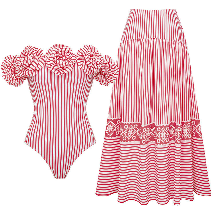 Damen Striped Bikini-Set mit eleganter Wickelbluse und modischem Rock R&B