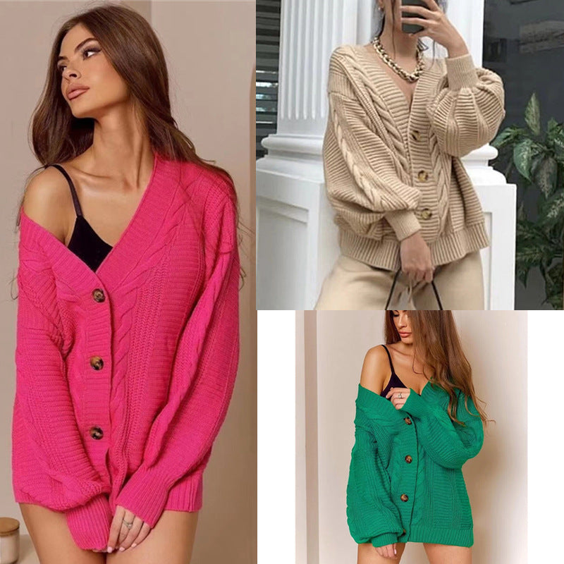 Damen Grobstrick Cardigan mit V-Ausschnitt und Knopfdetails R&B
