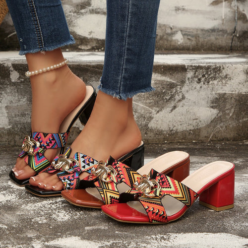 Damen Elegante Blockabsatzsandalen mit geschmackvollem Muster und modischem Riemendesign R&B