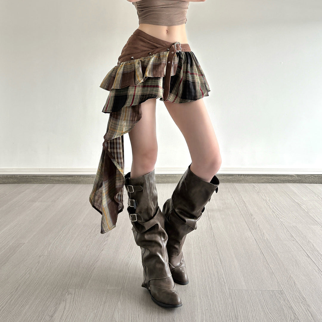 Damen Verspielter Karorock mit asymmetrischem Schnitt und verstellbarem Bund R&B