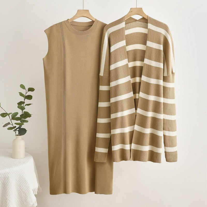 Damen elegantes und modulares Strickkleid mit lässiger Strickjacke R&B