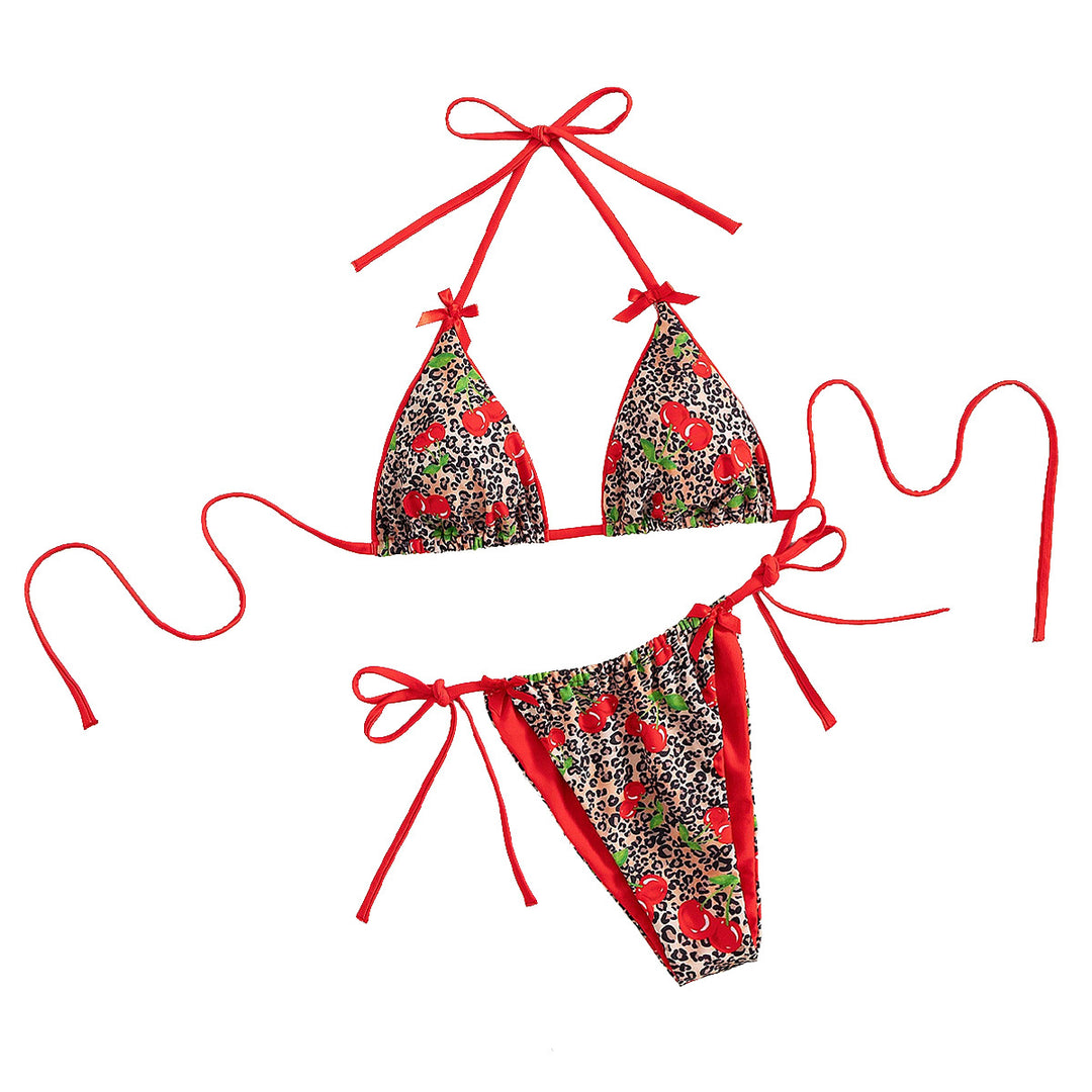 Damen Triangel-Bikini mit floralem Kirschmuster und verspielten Details R&B