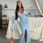 Damen Strickmaxikleid mit nostalgischem Lochmuster und elegantem V-Ausschnitt R&B