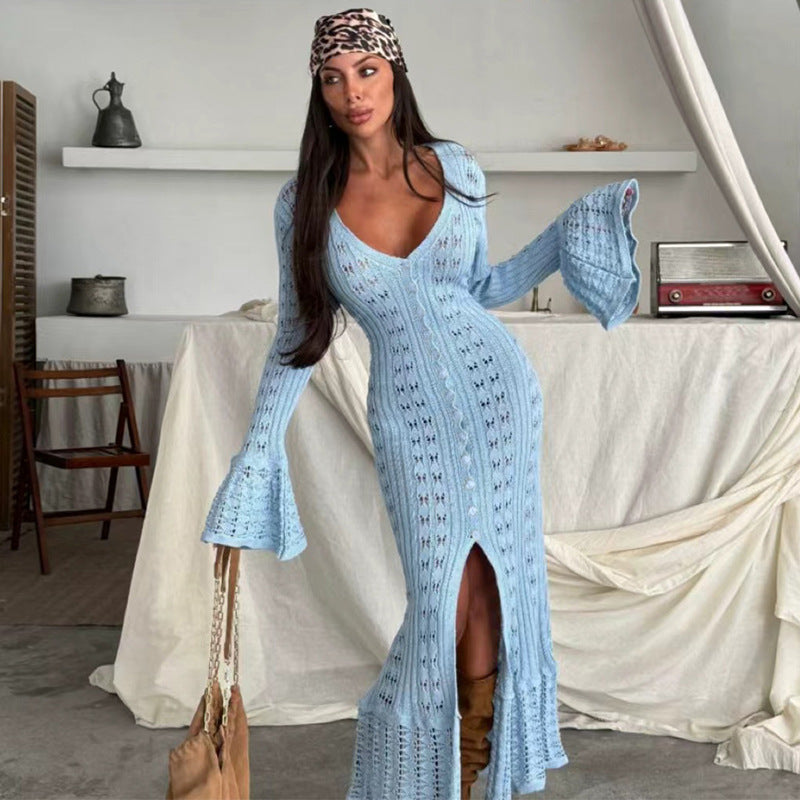 Damen Strickmaxikleid mit nostalgischem Lochmuster und elegantem V-Ausschnitt R&B