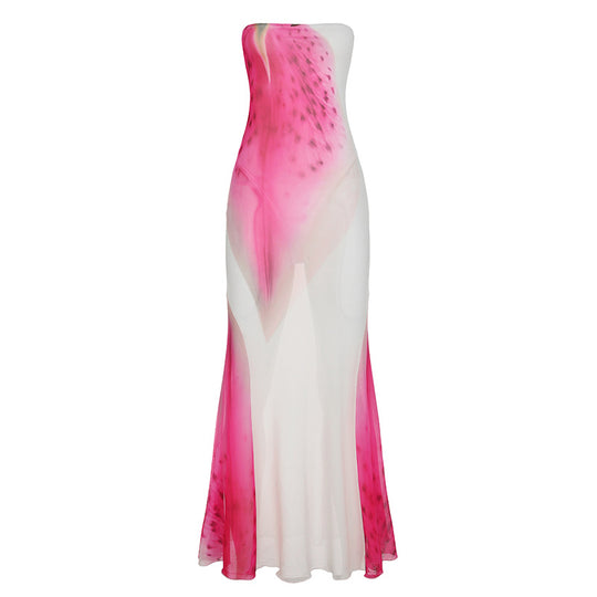 Damen elegantes Maxi-Kleid mit asymmetrischem Schnitt und floralem Designelement R&B