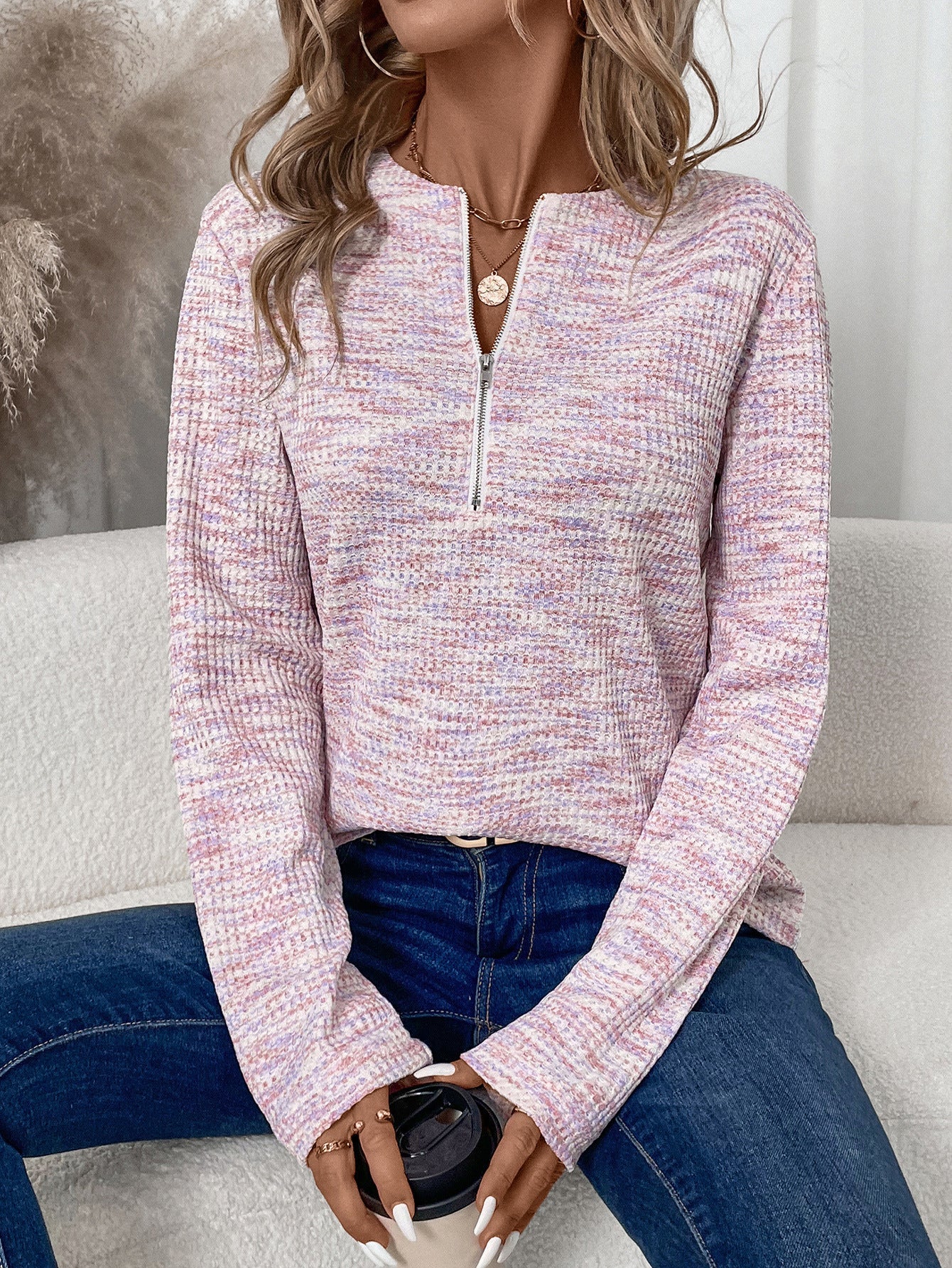 Damen leichter Pullover mit halbem Reißverschluss und strukturierter Oberfläche R&B