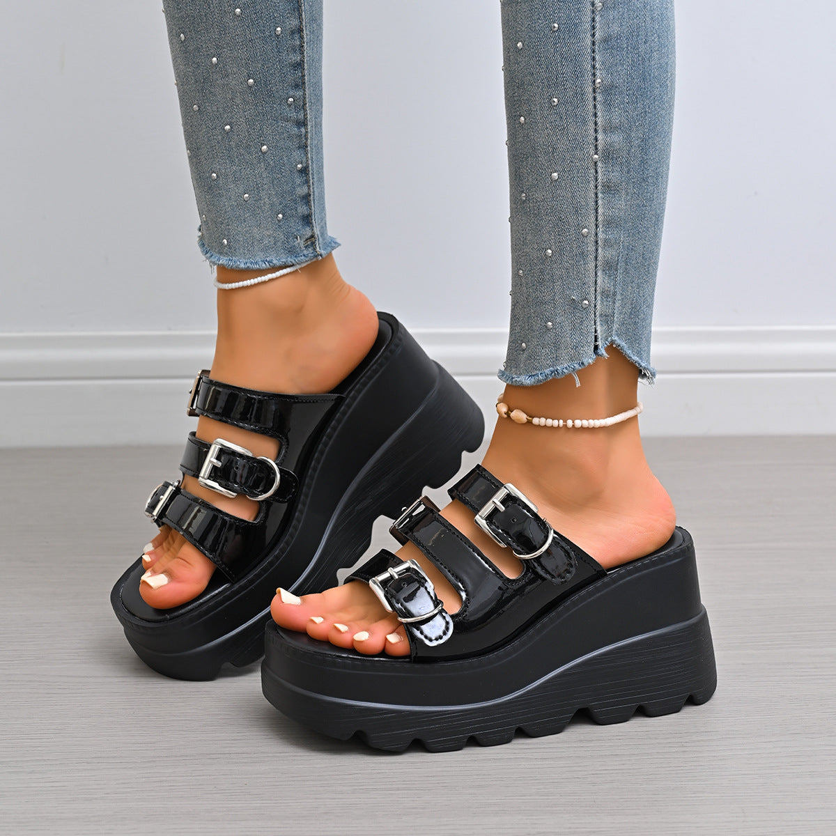 Damen Wedge-Pantoletten mit modischem Doppelriemen-Design und rutschfester Sohle R&B