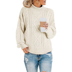 Damen Grobstrickpullover mit hohem Kragen und Zopfmuster