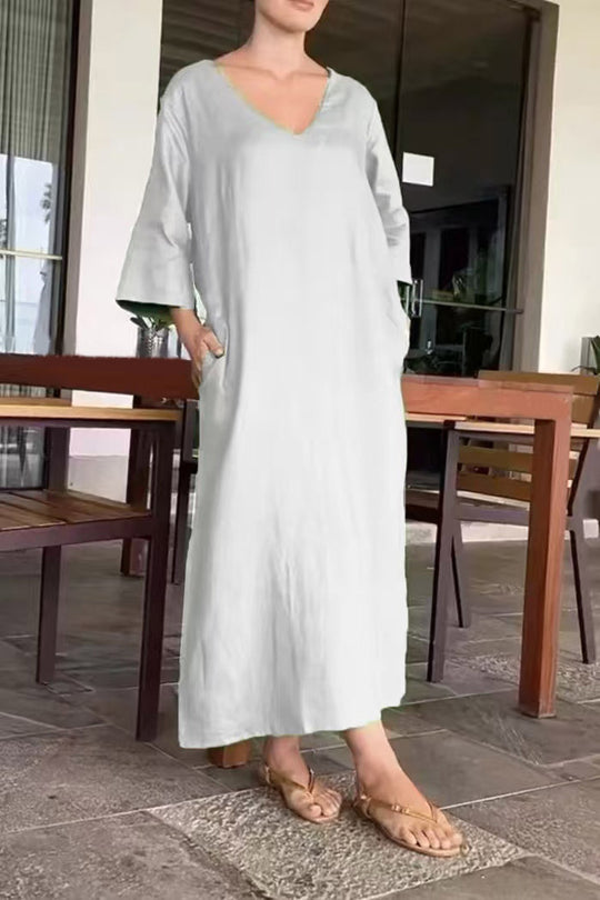 Damen luftiges Maxikleid aus atmungsaktiver Baumwolle mit V-Ausschnitt und praktischen Taschen R&B