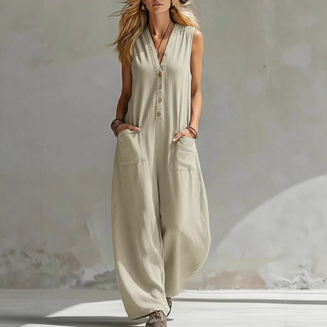 Damen Jumpsuit mit tiefem V-Ausschnitt und praktischen Taschen R&B