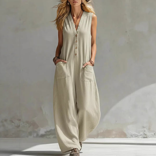 Damen Jumpsuit mit tiefem V-Ausschnitt und praktischen Taschen R&B