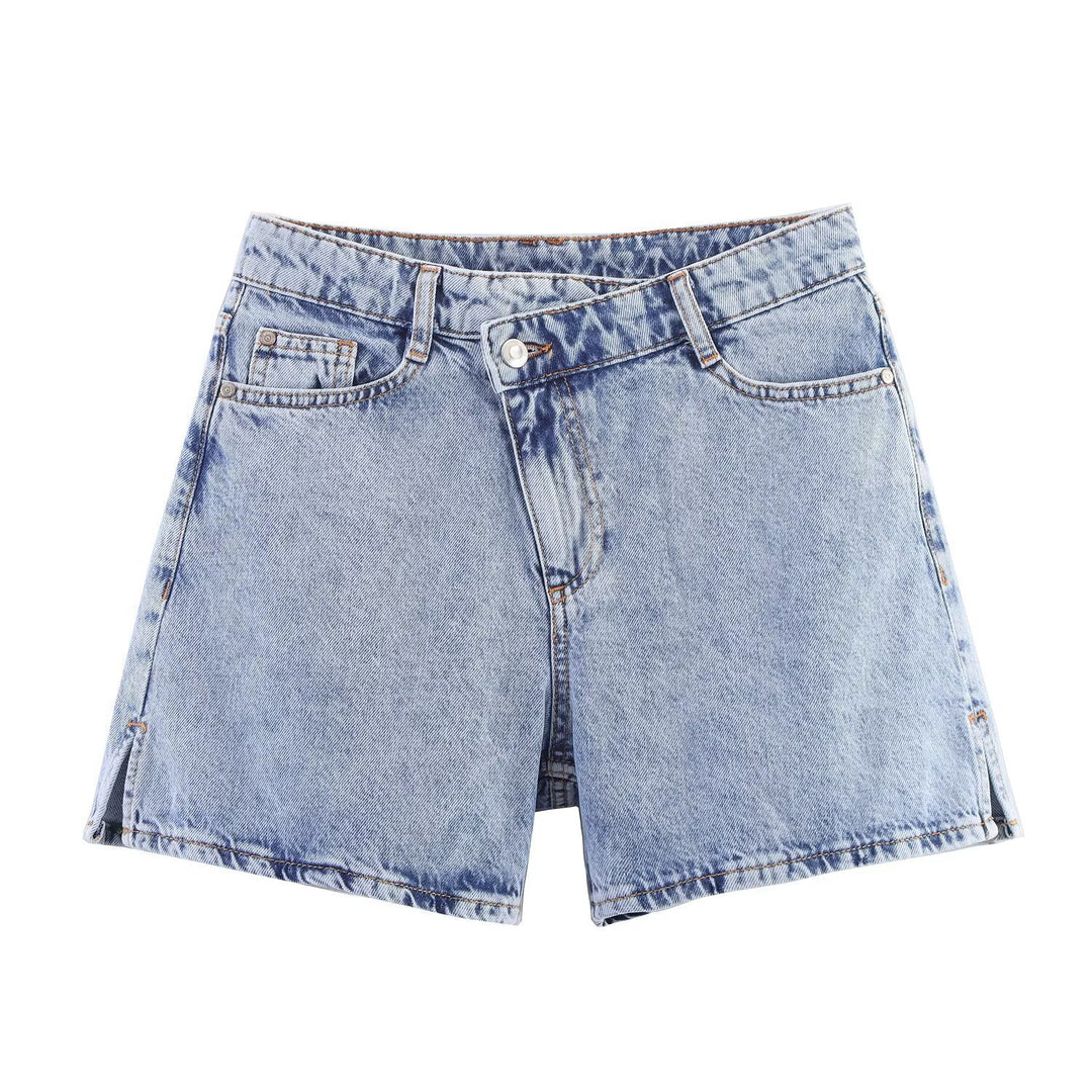Damen Jeansshorts im lässigen Vintage-Stil mit hohem Bund und seitlichen Schlitzen R&B