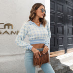 Damen Cropped Pullover mit klassischem Hahnentrittmuster und Polo-Kragen R&B
