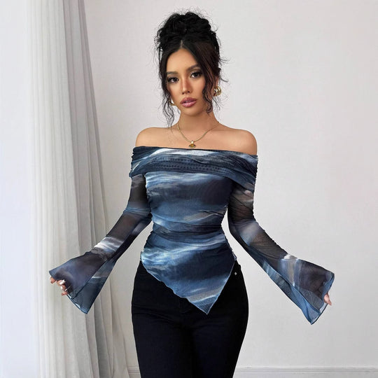 Damen nan schulterfreies Mesh-Wickeltop mit asymmetrischem Zipfelsaum und langen ausgestellten Ärmeln R&B