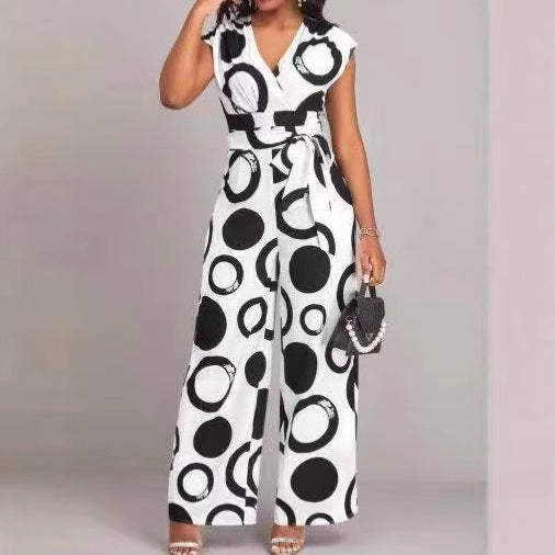 Damen Jumpsuit mit modernem Kreismuster und Taillengürtel R&B