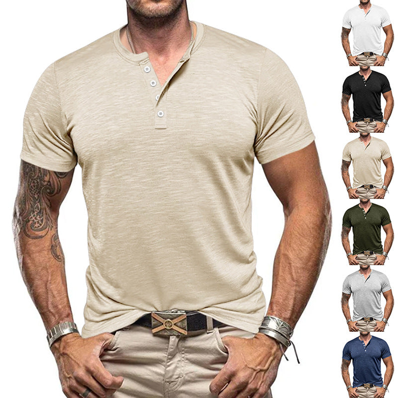 Herren Kurzarm-Henley-T-Shirt aus atmungsaktivem Baumwollmix mit modernem Schnitt R&B