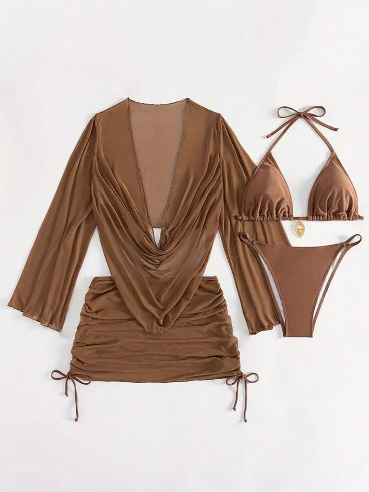 Damen Bikini-Set mit raffinierter Wickelbluse und halbtransparentem Rock R&B