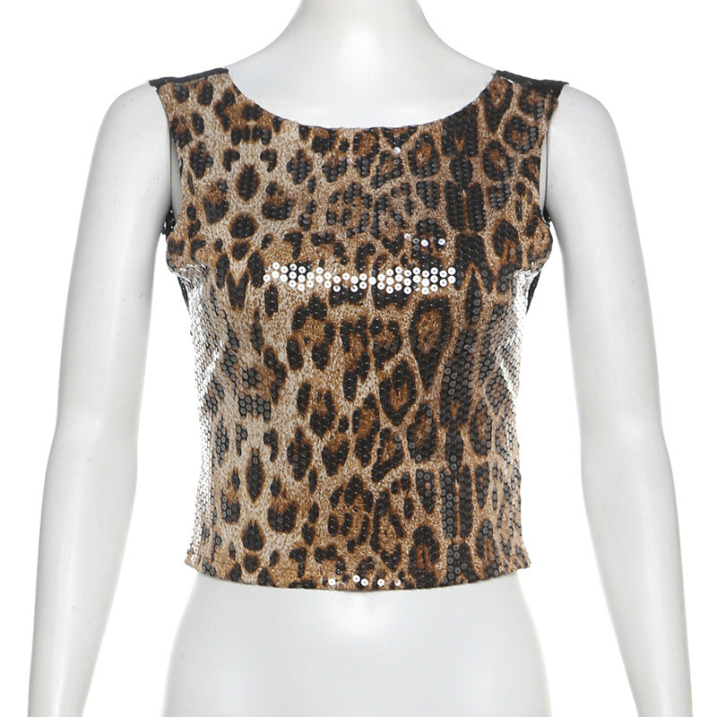 Damen Glamouröses Top mit Pailletten und Leopardenmuster R&B