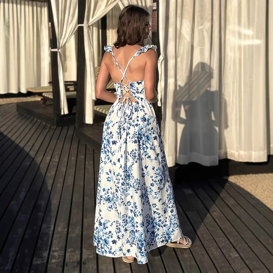 Damen Maxikleid mit floralen Mustern und seitlichem Schlitz R&B
