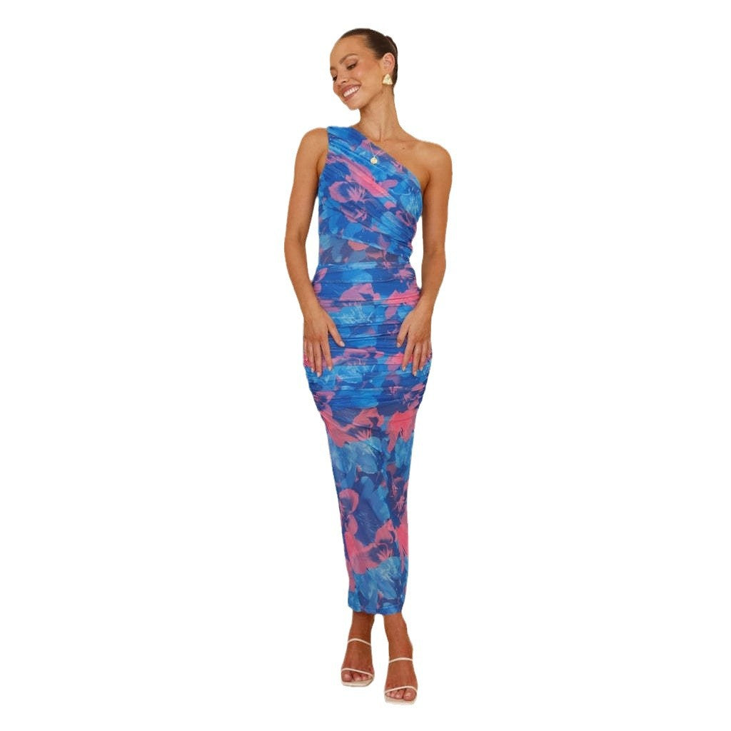 Damen Maxikleid mit verspieltem asymmetrischen Schnitt und floralen Rüschen R&B