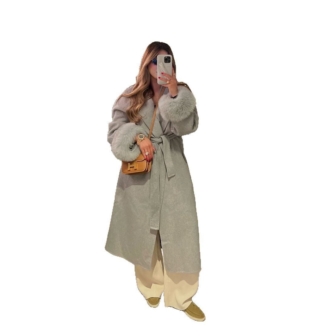 Damen Elegante Langjacke mit abnehmbaren Fuchsärmeln R&B