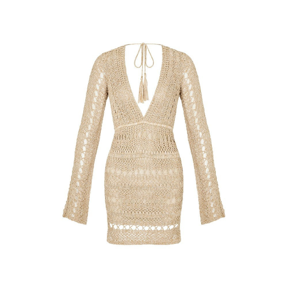 Damen gehäkeltes Strandkleid mit tiefem V-Ausschnitt und langem Arm R&B