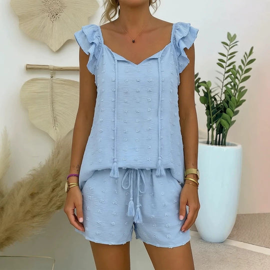 Damen luftiges Freizeit-Set mit Rüschen und Kordelzug R&B
