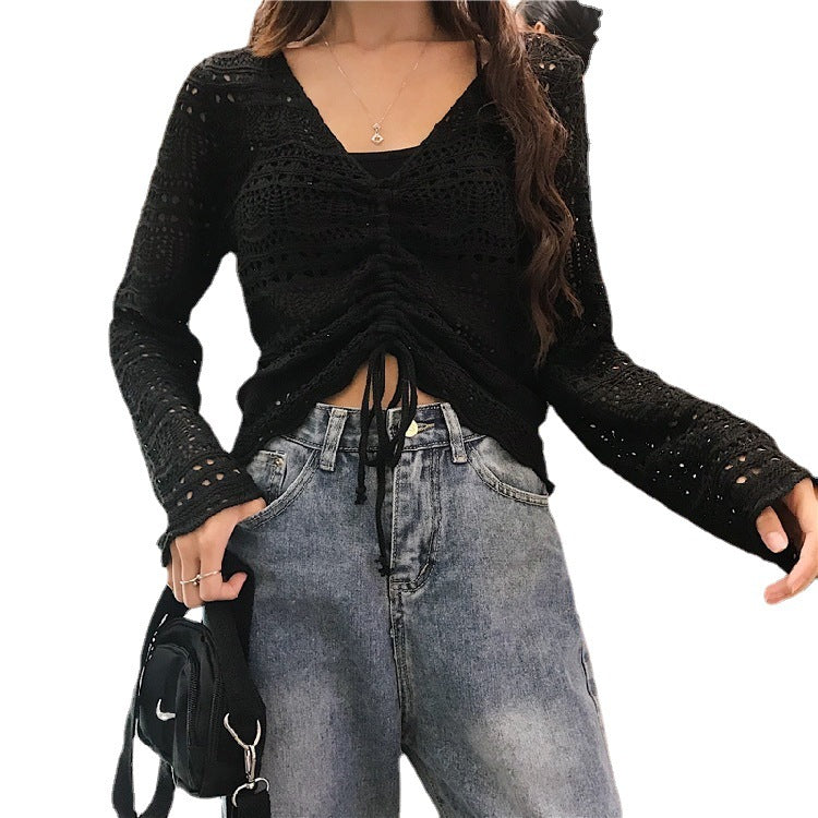 Damen Strickoberteil mit trendigem Lochmuster und verstellbarem Kordelzug R&B