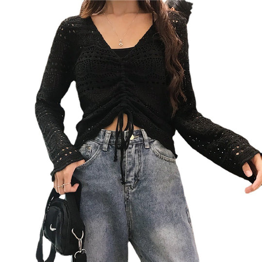 Damen Strickoberteil mit trendigem Lochmuster und verstellbarem Kordelzug R&B