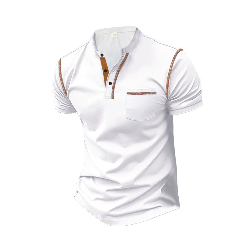 Herren nan Kurzarm-Polo im Henleystil mit Stehkragen, Brusttasche und Kontrastnaht R&B