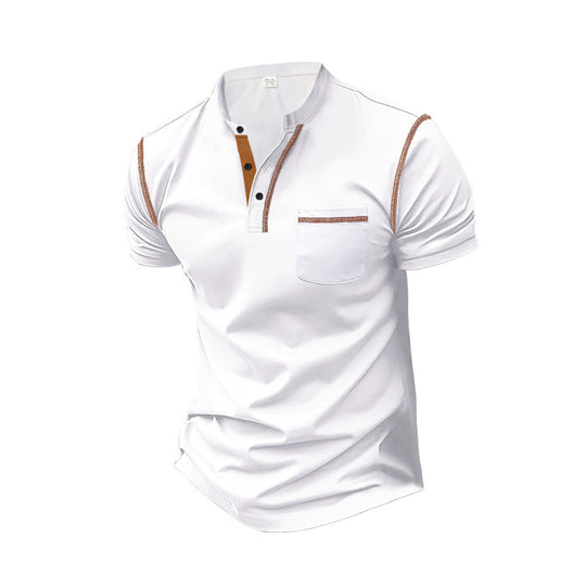 Herren nan Kurzarm-Polo im Henleystil mit Stehkragen, Brusttasche und Kontrastnaht R&B