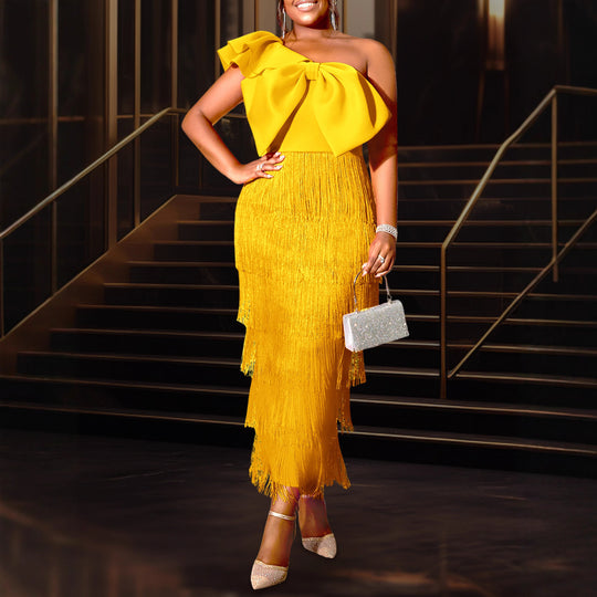 Damen Cocktailkleid mit voluminösem Rüschendesign und Fransen R&B