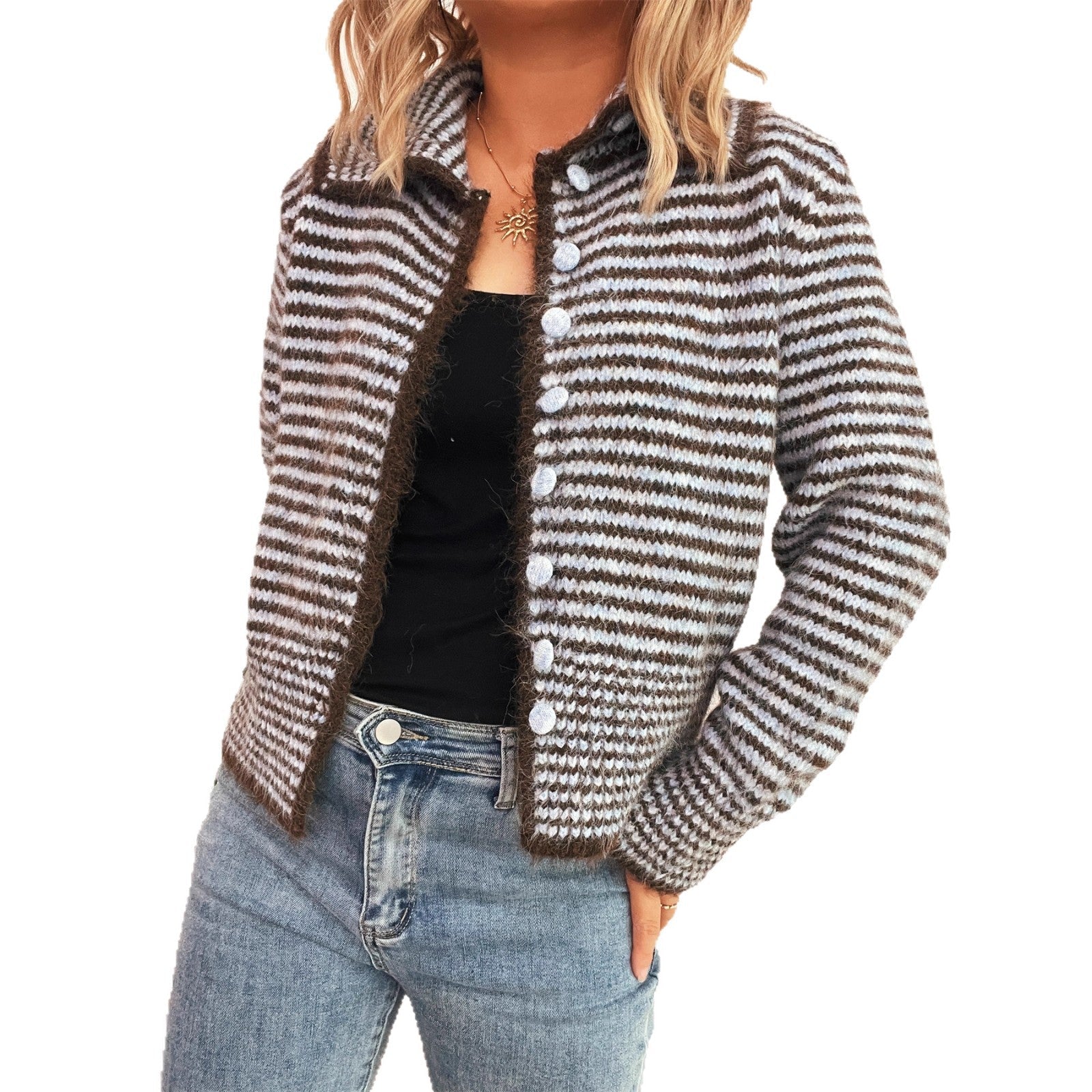 Damen gestrickte Kurzjacke mit modischem Streifenmuster und fluffigen Knöpfen R&B